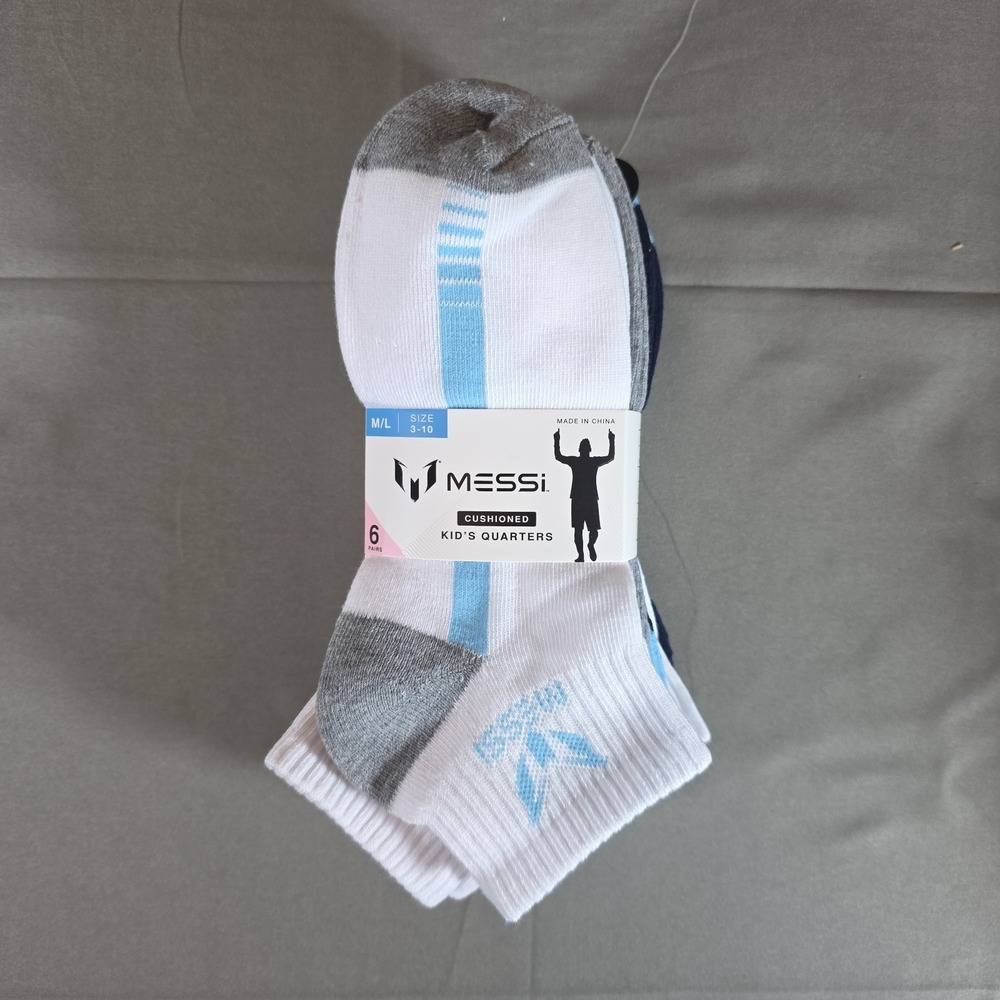 Messi Cushioned Kids Quarter Socks 6 Pack M/L‎ Size 3-10 Ankle